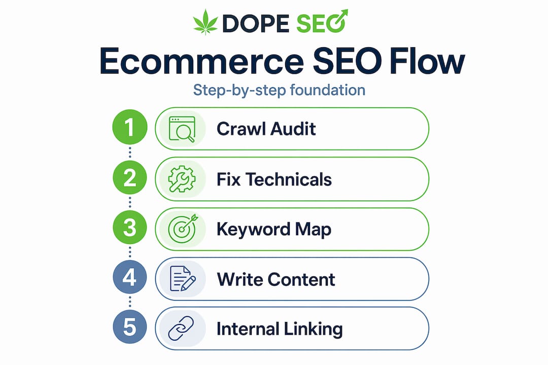 Ecommerce SEO process vertical step flow infographic