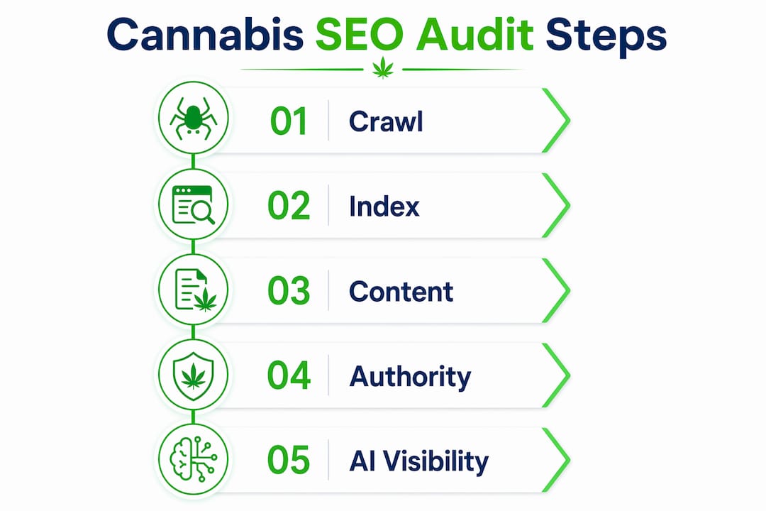 Infographic illustrating SEO audit steps for cannabis companies