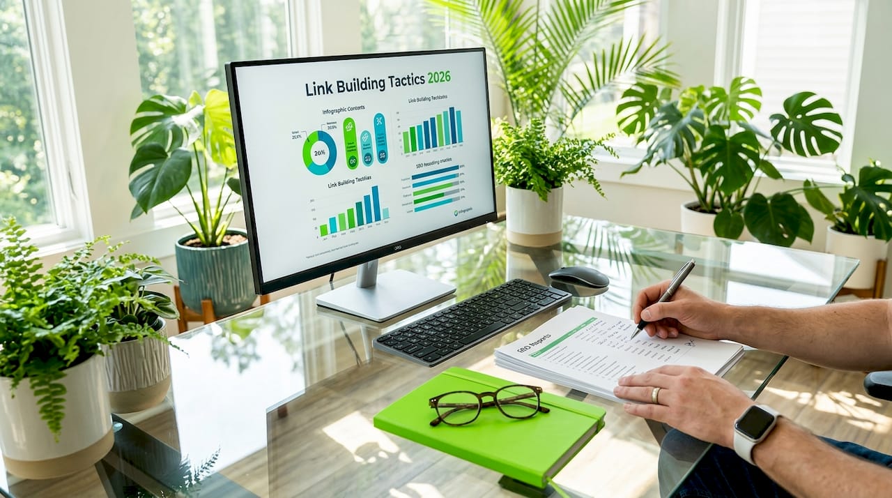 Workspace with digital marketing link building infographic