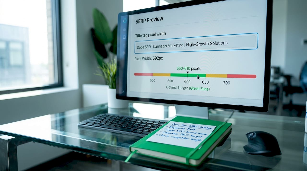Computer screen with title tag pixel width tool