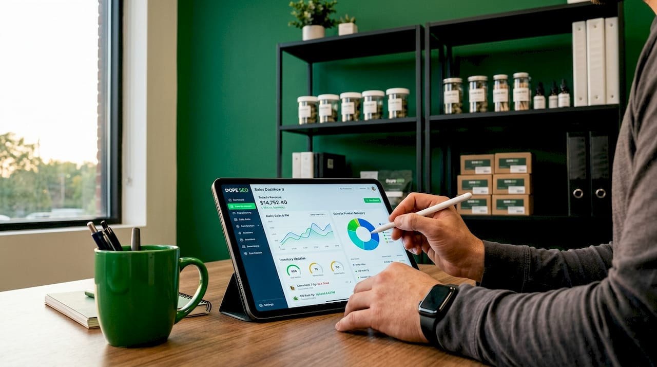 Hands using POS system tablet for inventory management