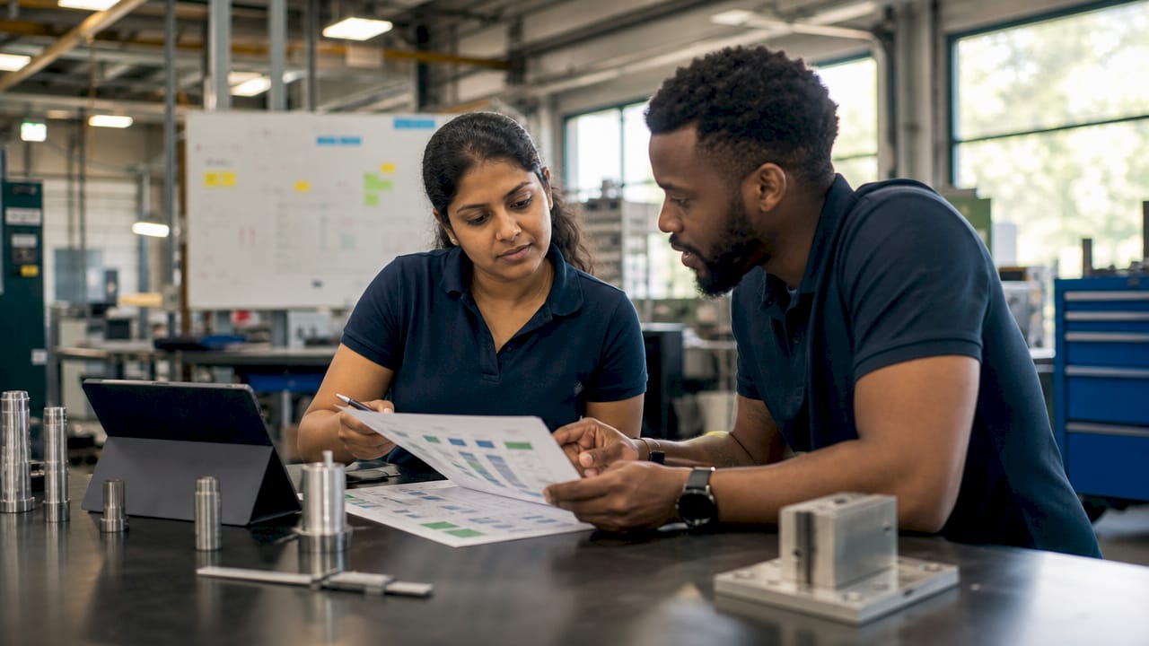 Diverse team discussing manufacturing SEO keyword strategy
