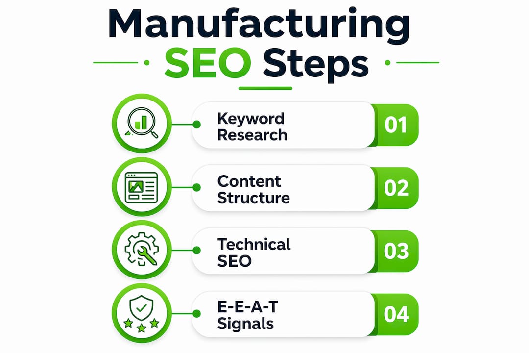 Infographic outlining core manufacturing SEO strategy steps