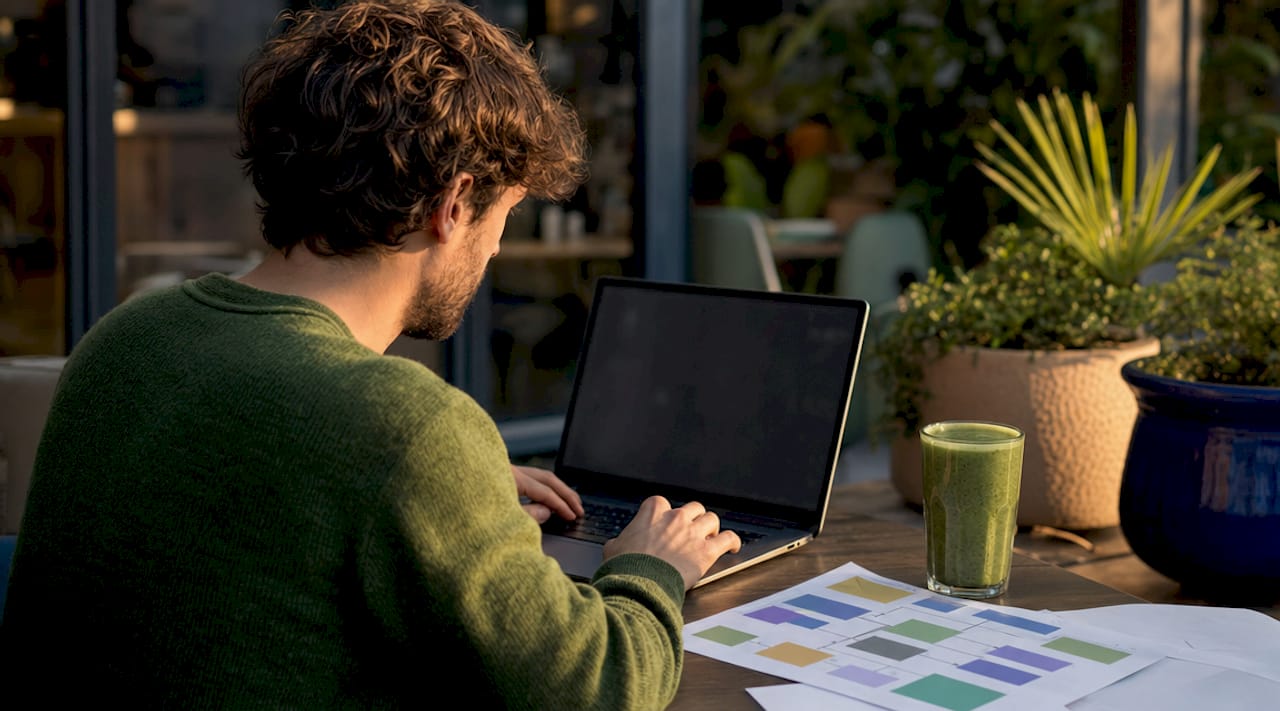 Hands typing near sitemap papers and keyboard