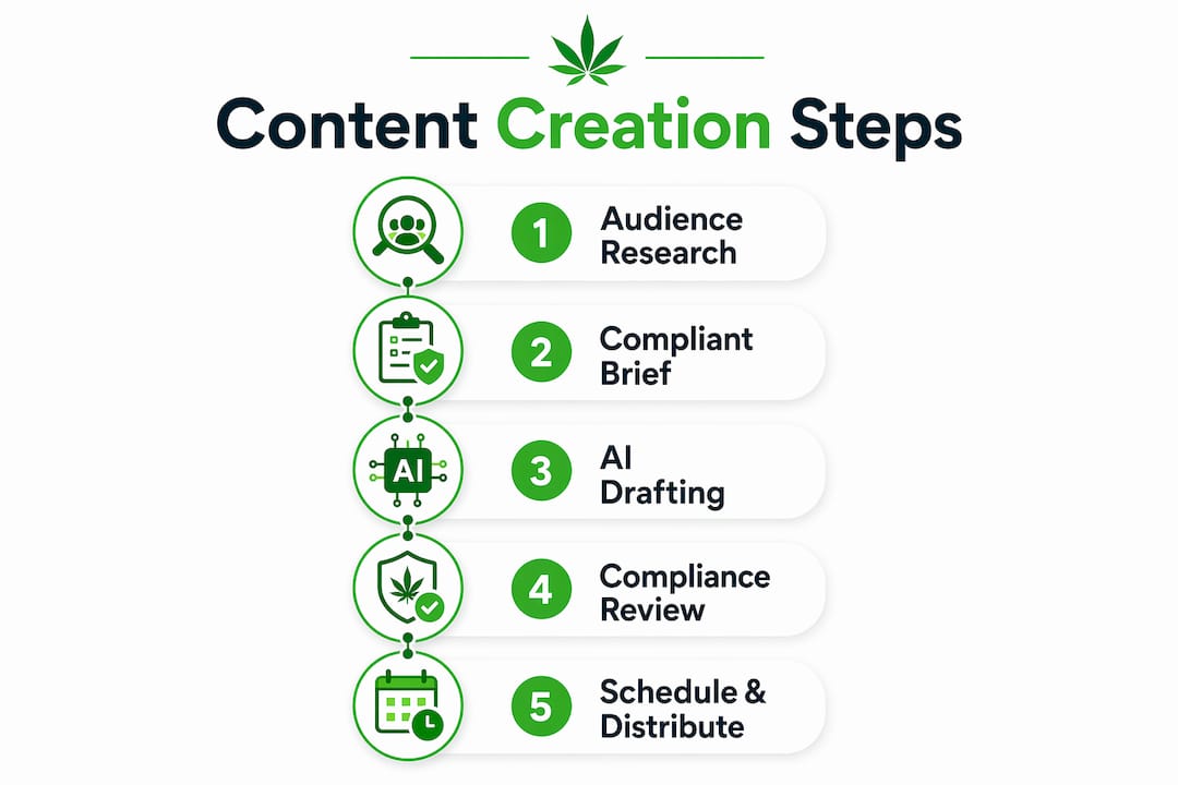 Infographic showing dispensary content creation steps in flow