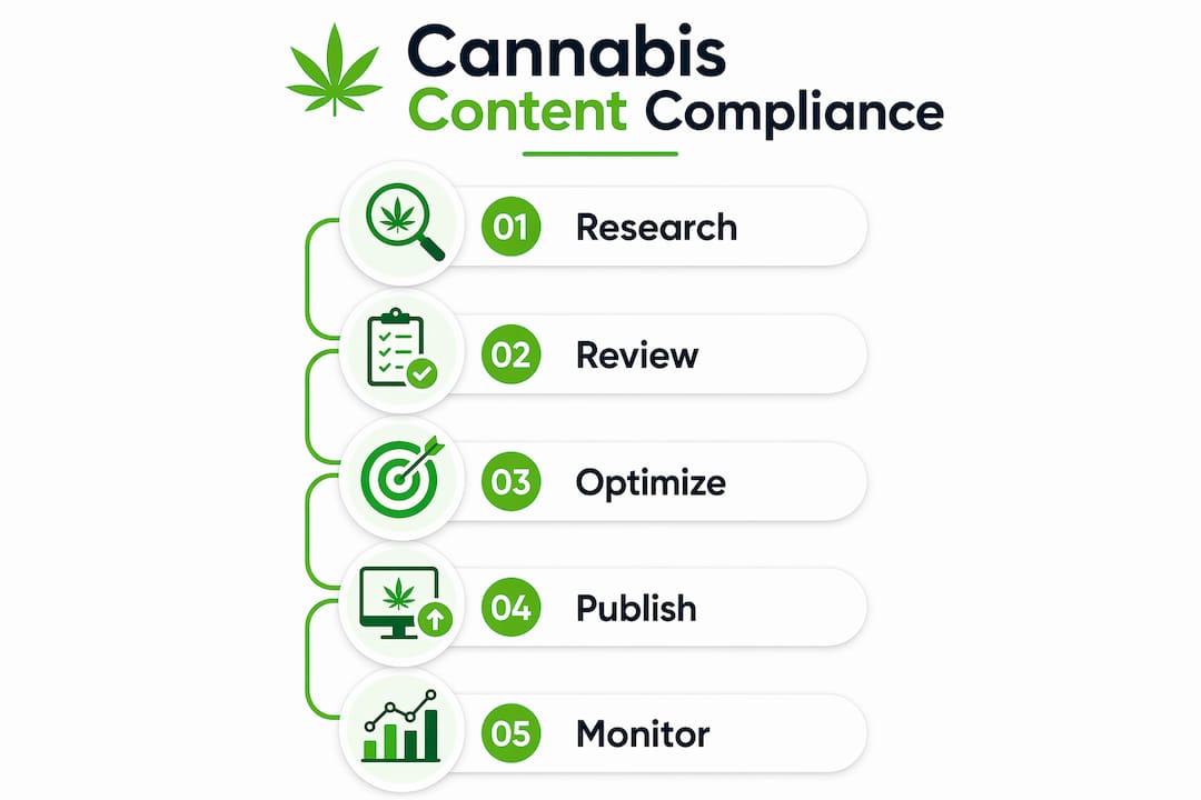 Vertical flow infographic of cannabis content compliance steps