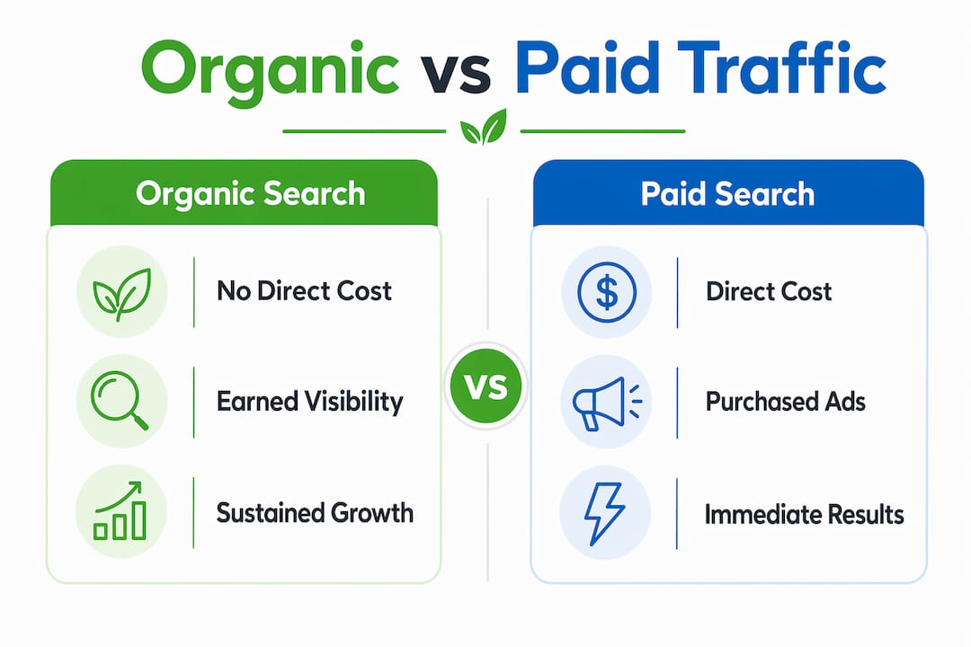 Comparison infographic of organic and paid search traffic