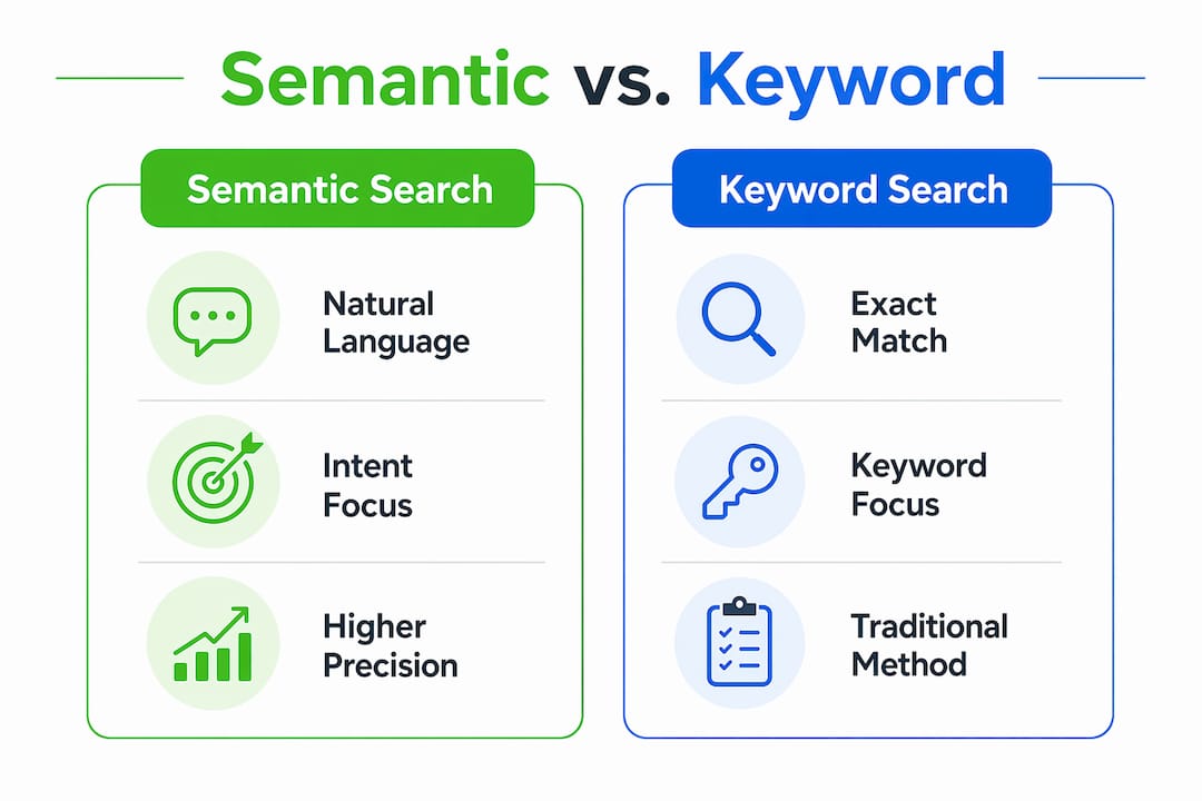 Infographic comparing semantic and keyword search features