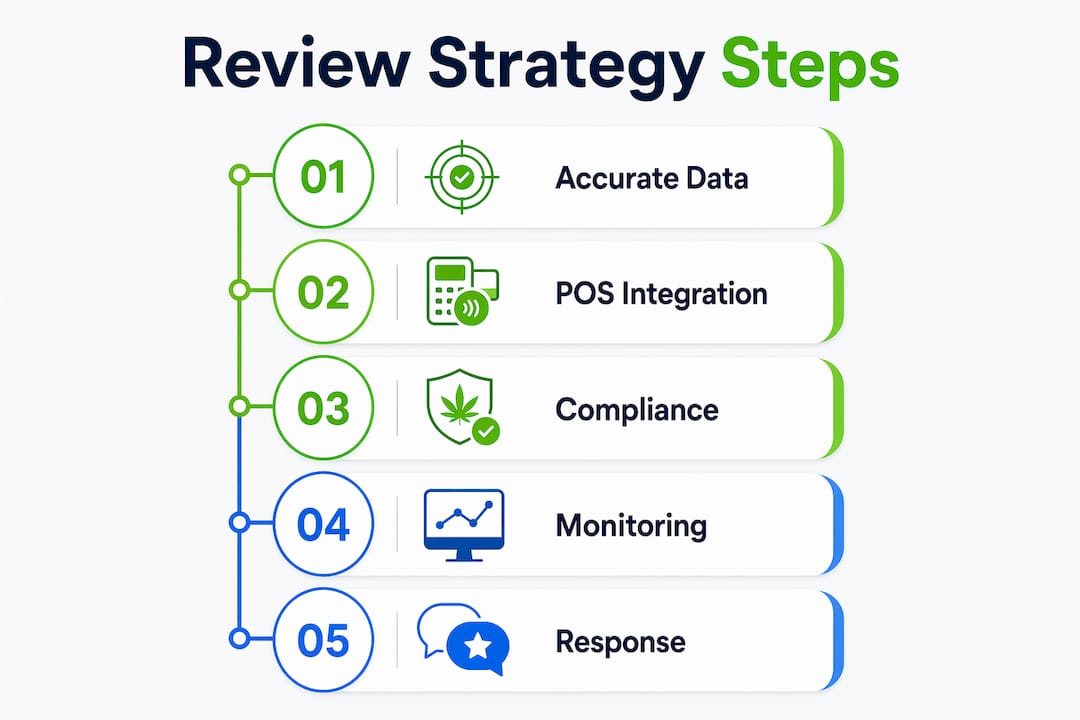 Infographic showing dispensary review strategy steps