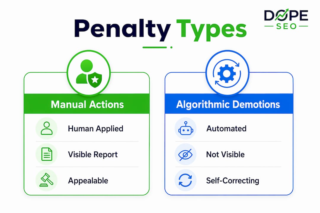 Infographic comparing manual and algorithmic penalties