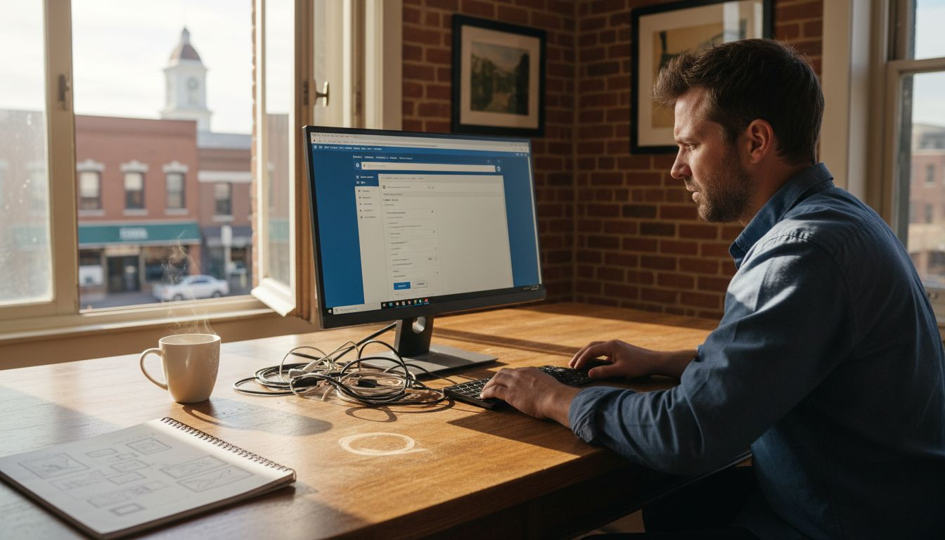 Business owner editing WordPress site at desk