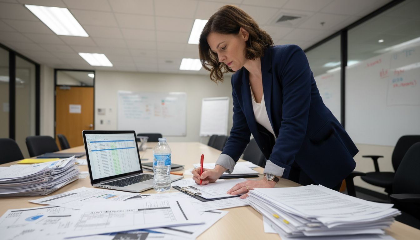 Auditor reviewing documents for evidence gathering