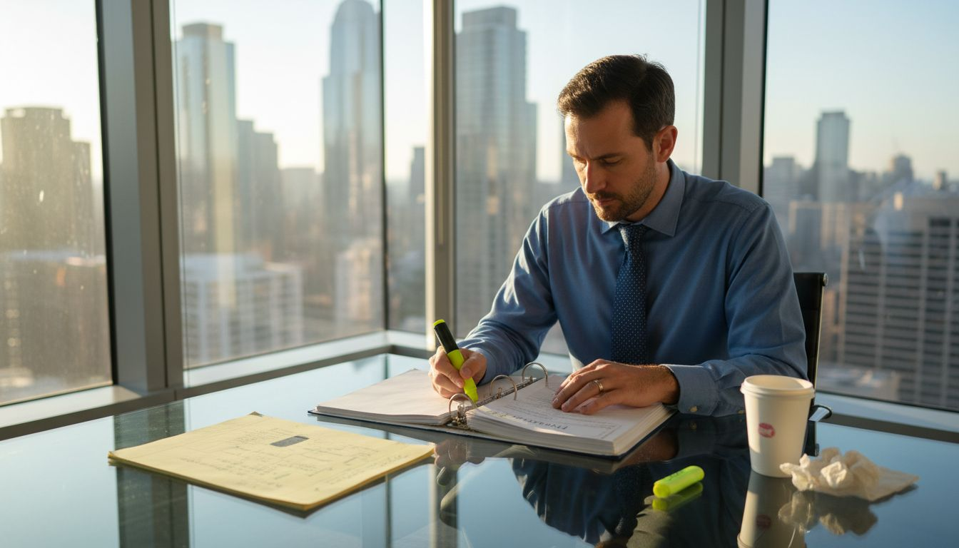 Internal auditor in office reviewing thick audit binder