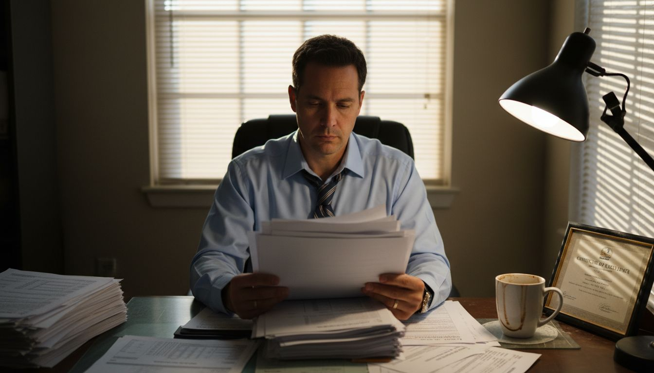 Compliance officer reviewing overdue compliance paperwork