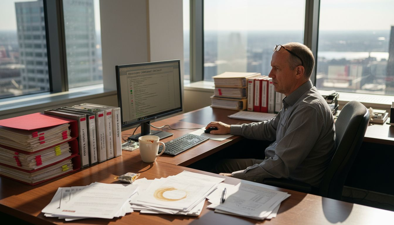 Auditor reviewing compliance checklist at cluttered desk