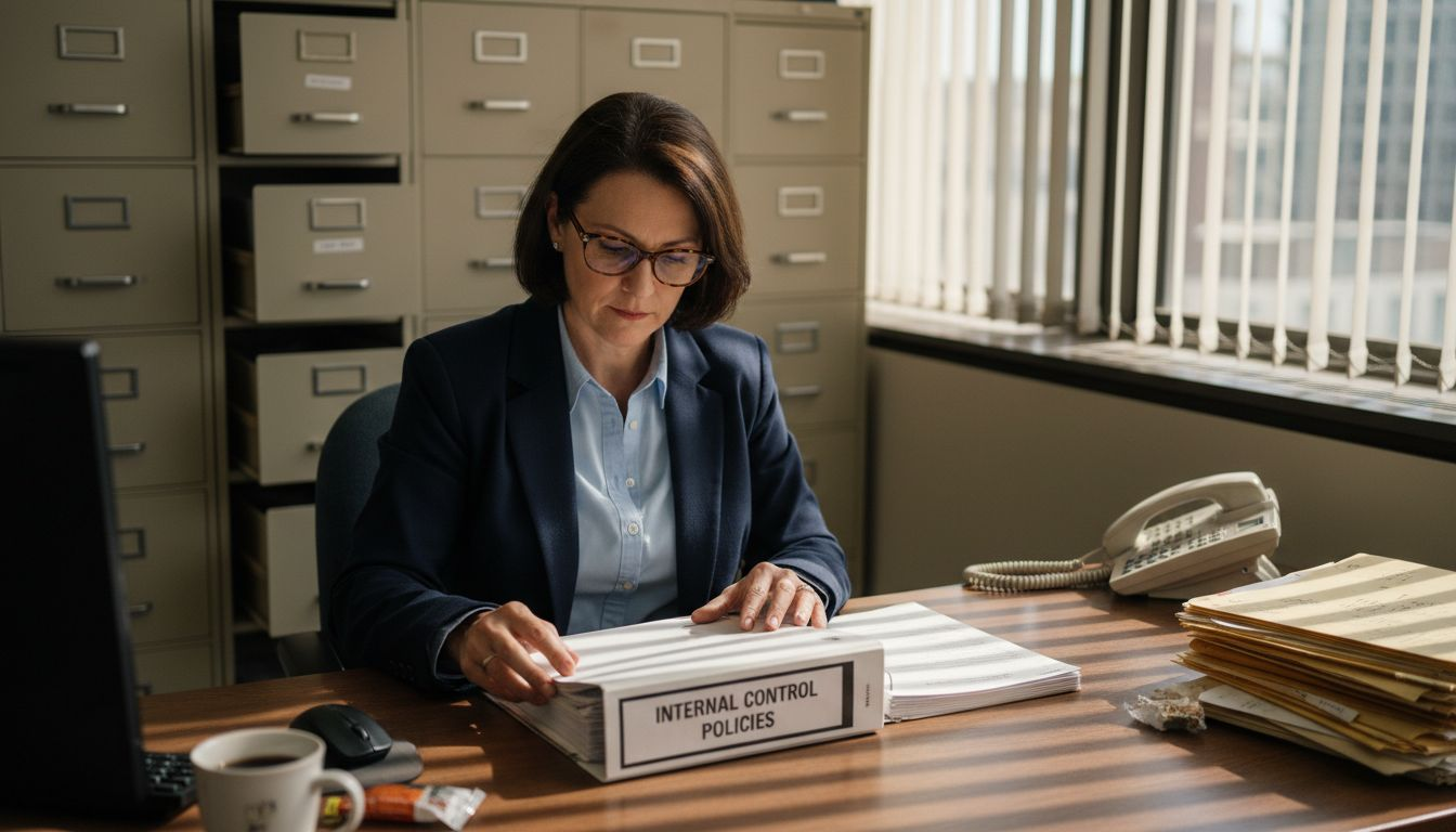 Bank manager reading control binder at desk