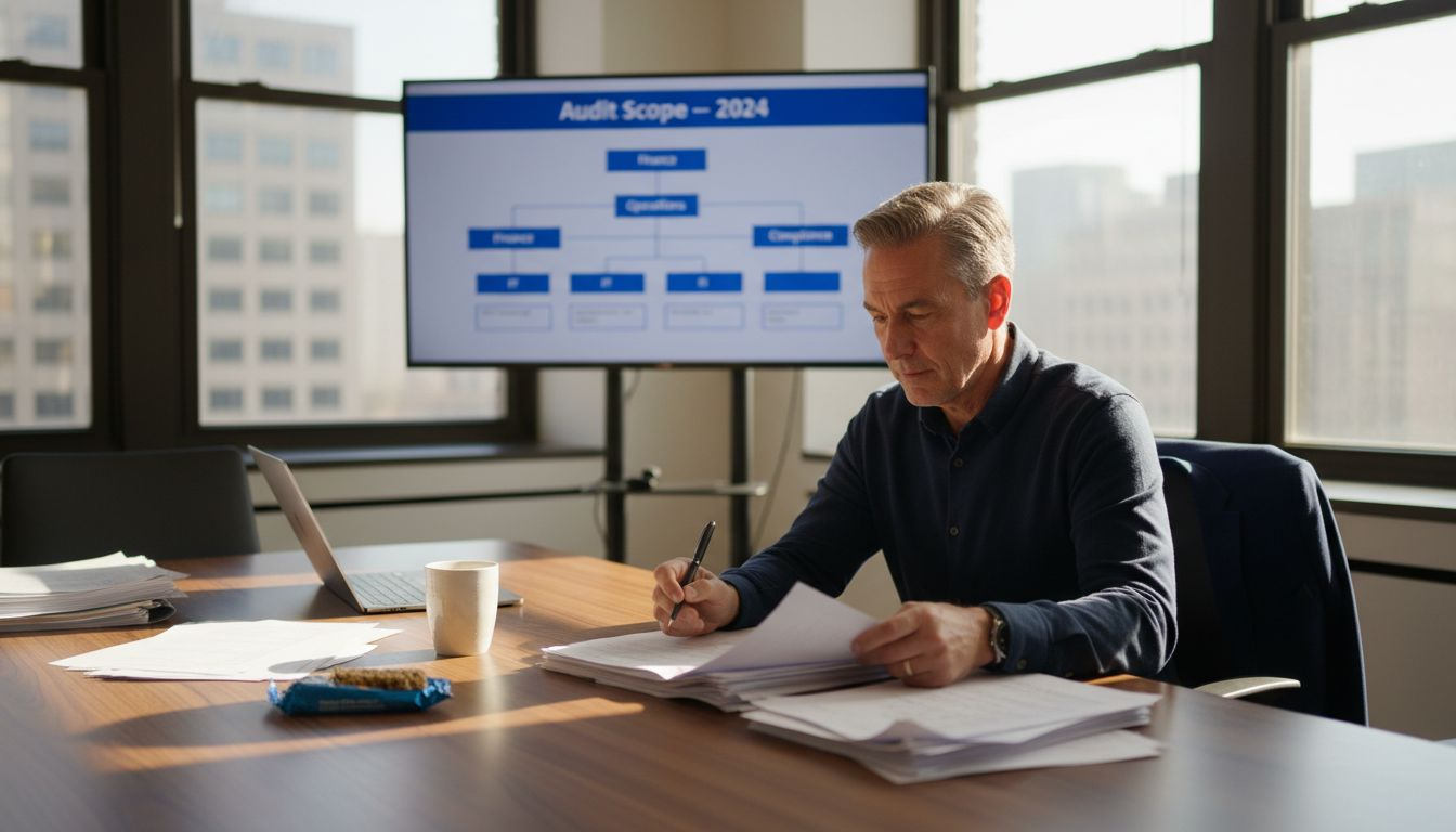 Internal auditor reviewing reports in corner office