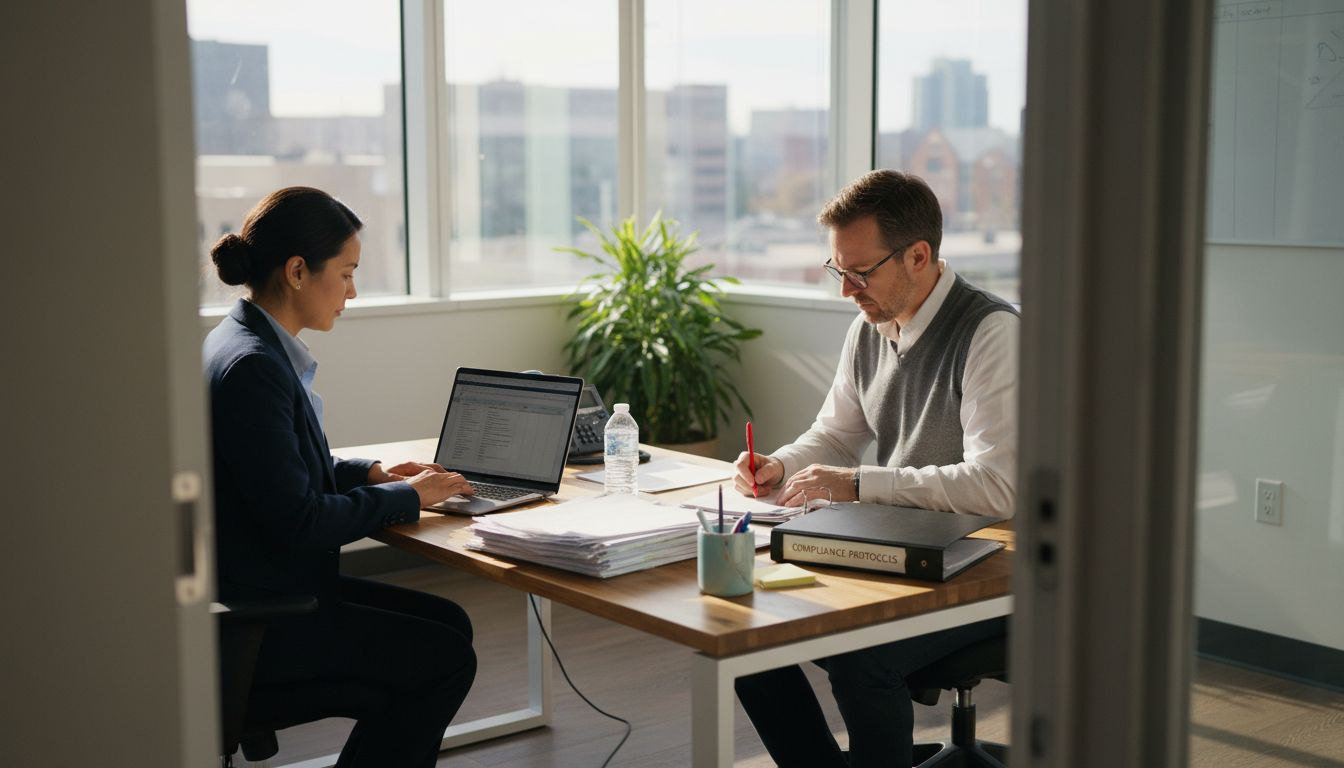 Compliance managers reviewing risk documents