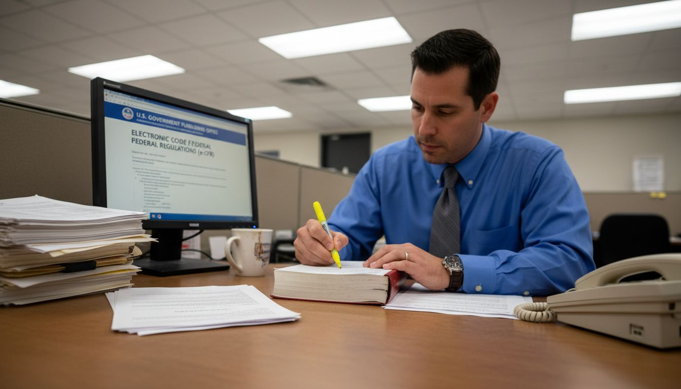 Legal analyst reviewing regulatory documents
