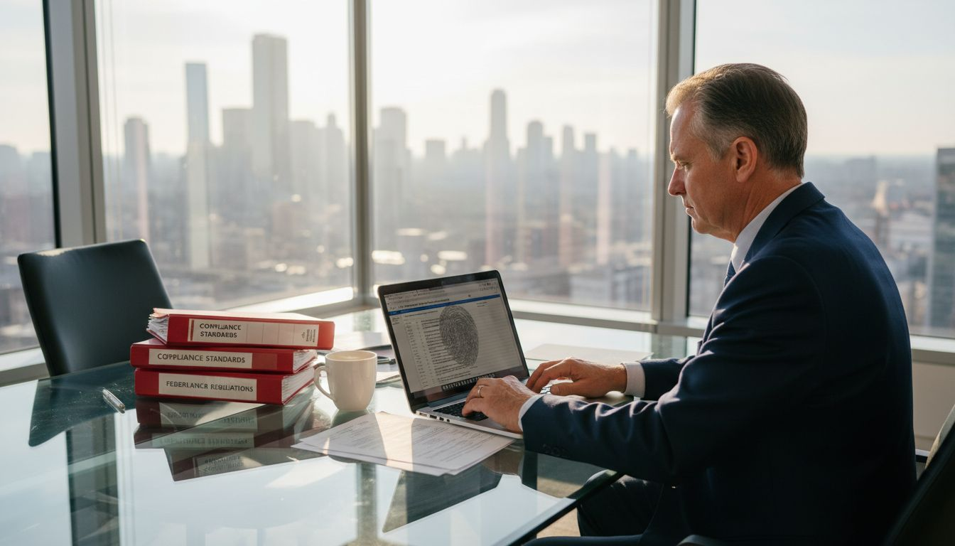 Senior bank auditor reviewing compliance audit report