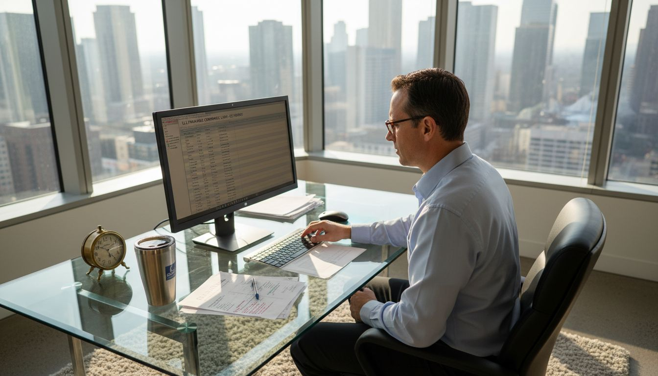 Manager reviewing compliance spreadsheets in city office