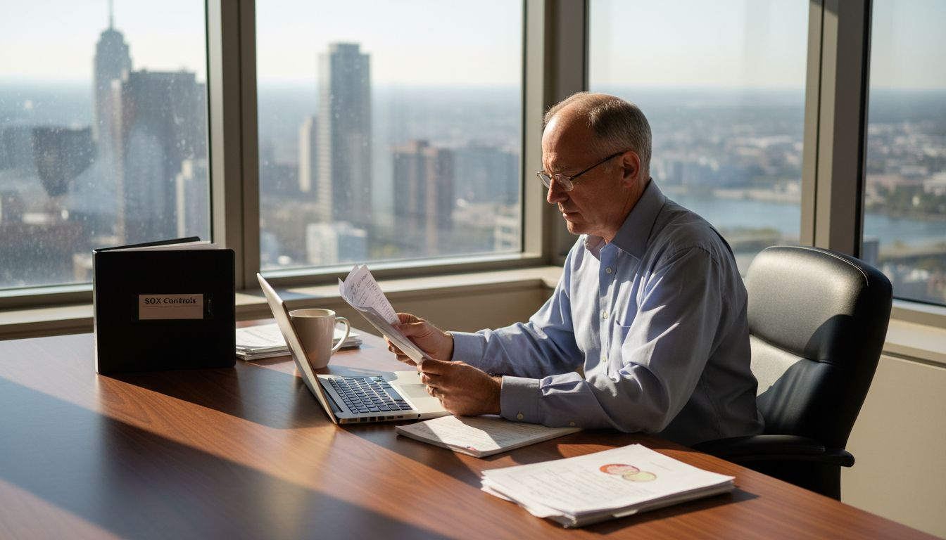 Auditor reviewing SOX compliance documents in office