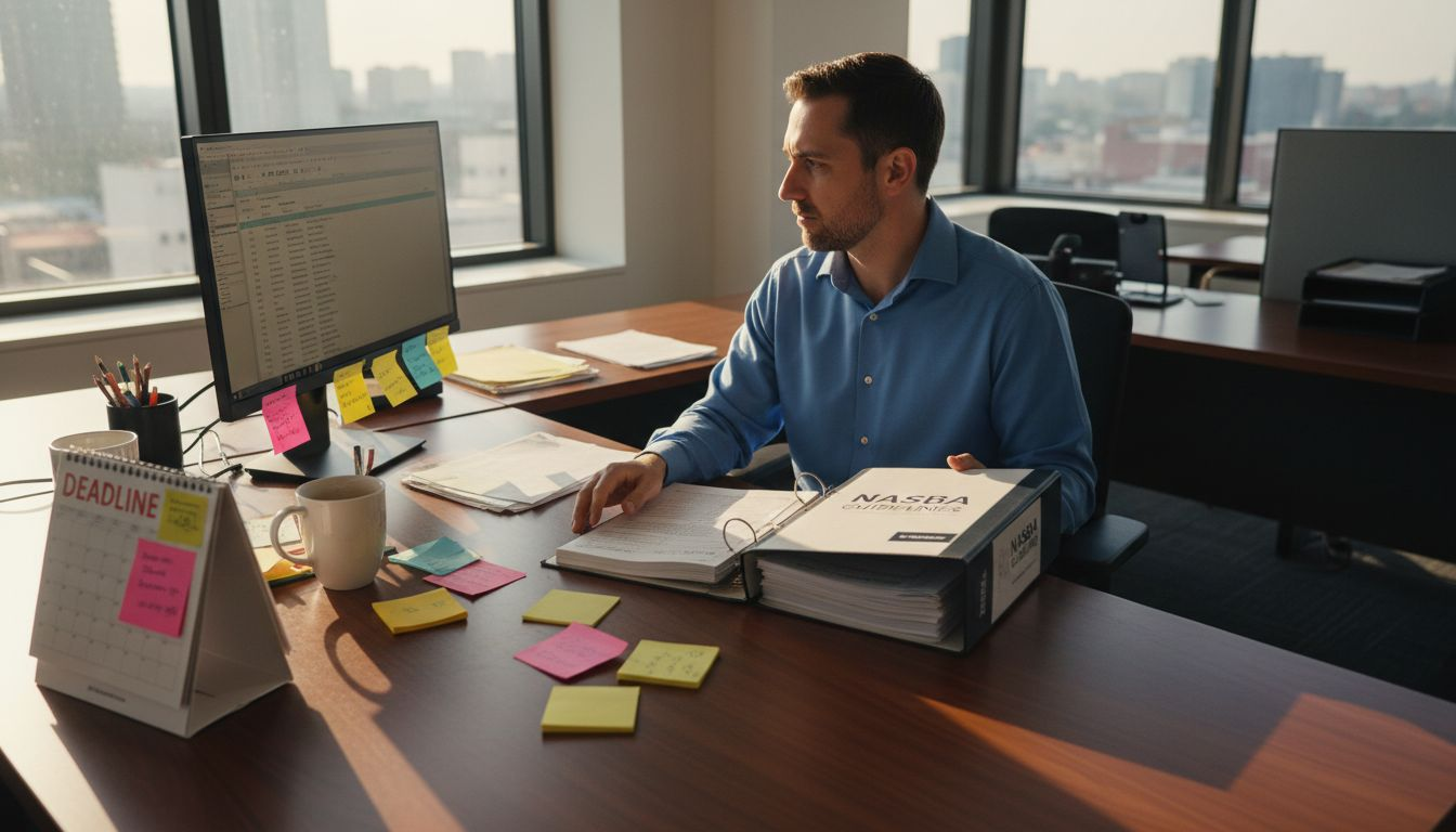 Auditor tracking CPE credits at corner office desk