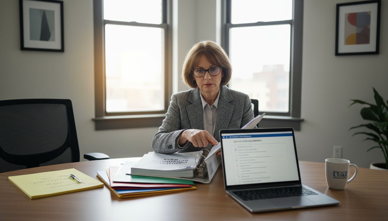 Audit manager reviewing compliance documents at meeting table
