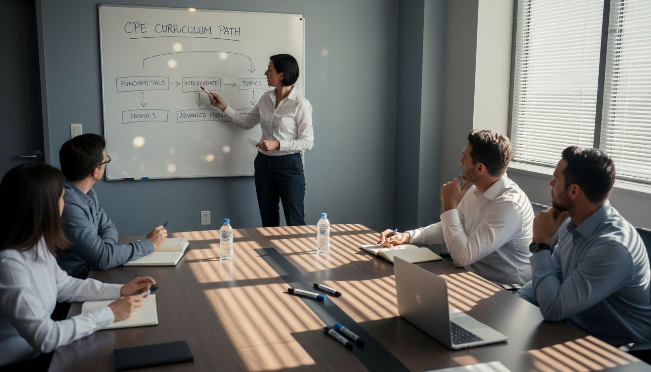 Trainer explaining CPE curriculum on whiteboard