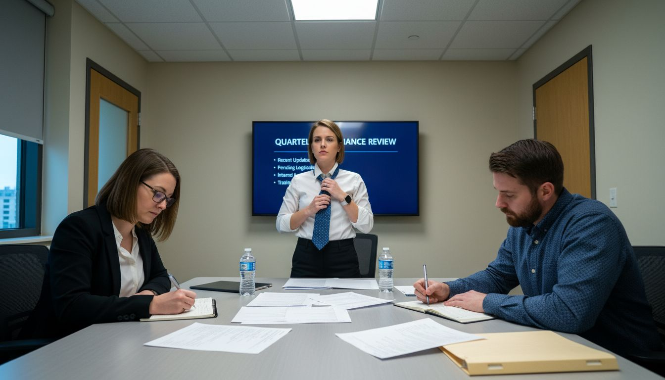 Compliance team meeting with documents