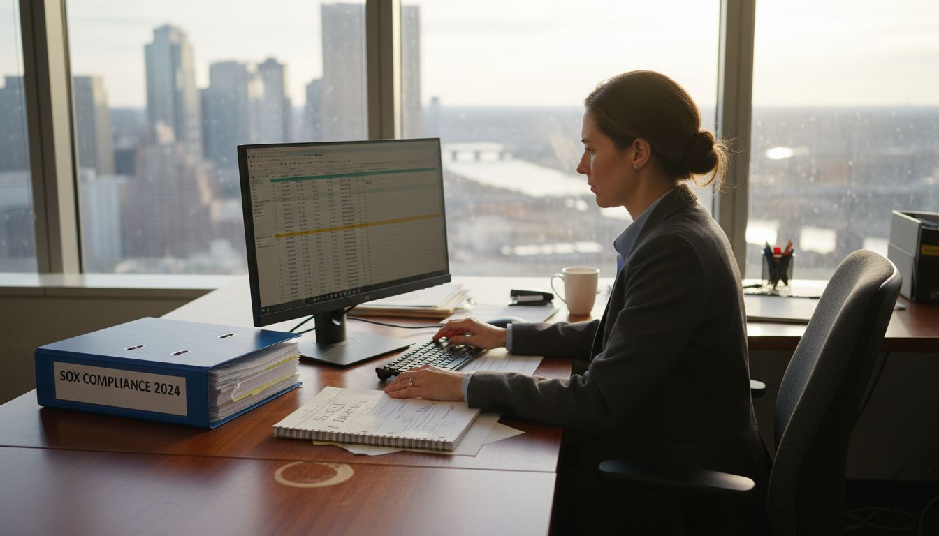 Internal auditor reviewing SOX compliance binder at desk
