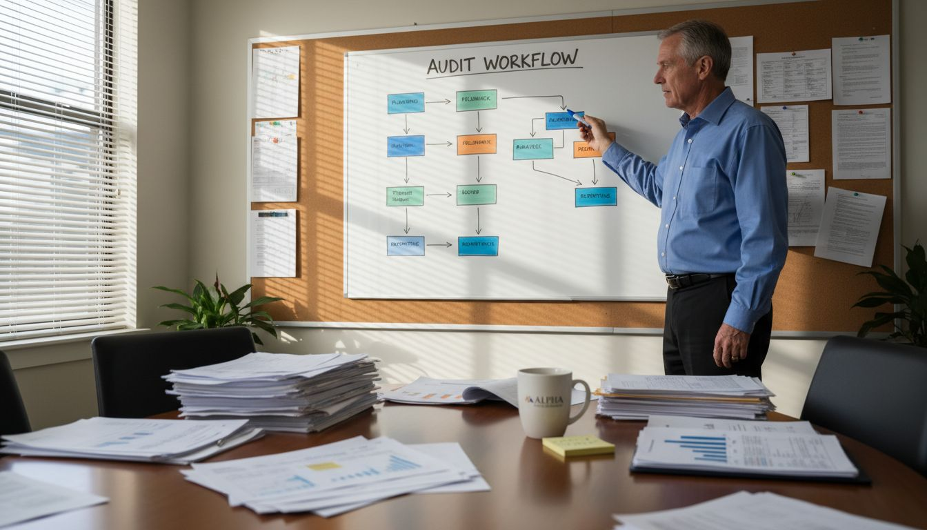 Auditor explaining audit workflow at whiteboard