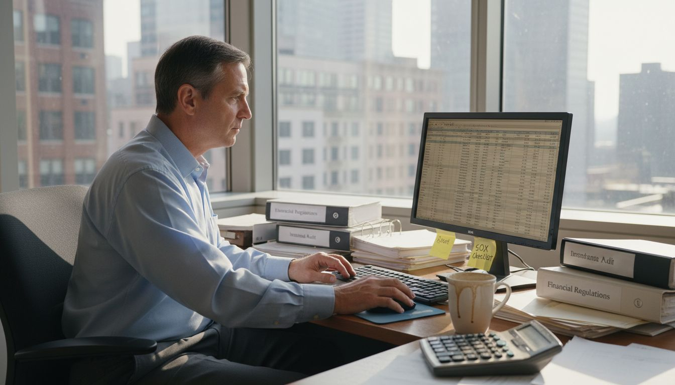 Auditor reviewing compliance documents in office