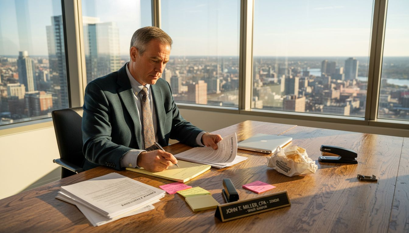 Auditor reviewing risk assessment in office