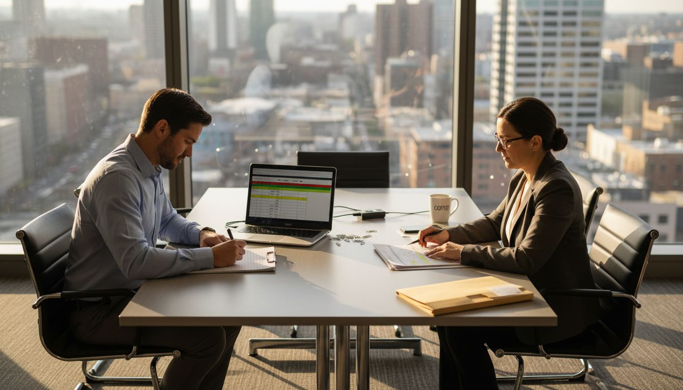 Team reviewing risk register at meeting table