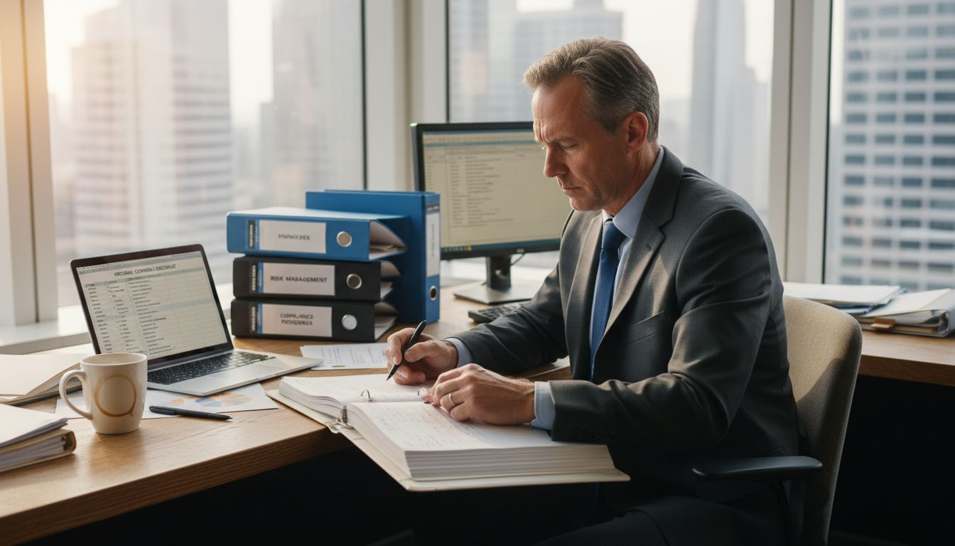 Auditor at desk reviewing internal controls checklist