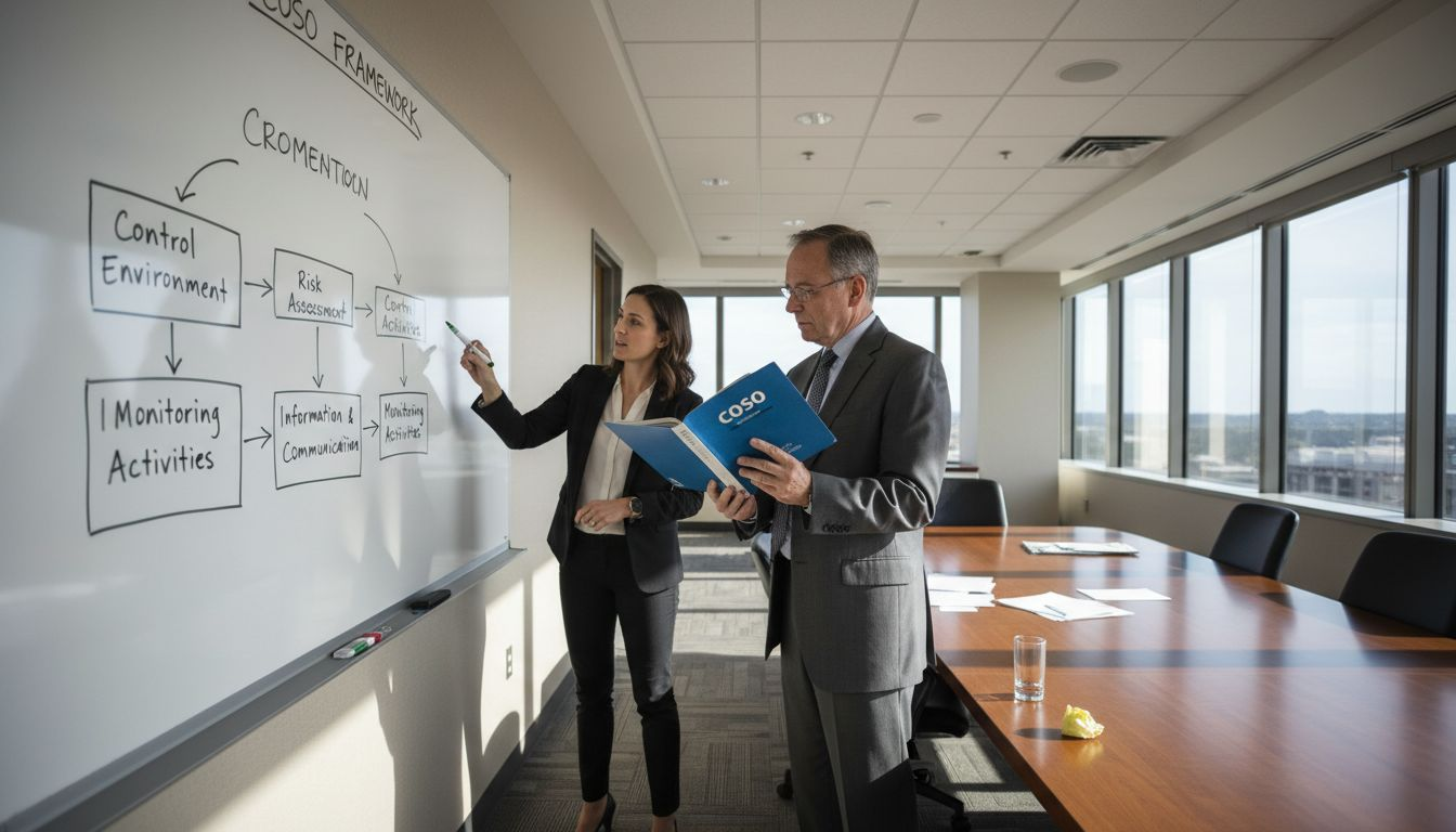 Audit team reviews COSO framework diagram