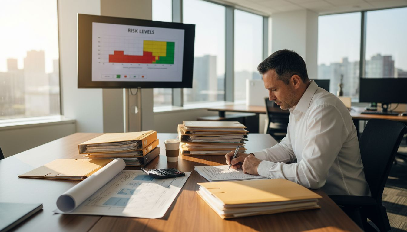 Manager annotating risk assessment scoring sheet