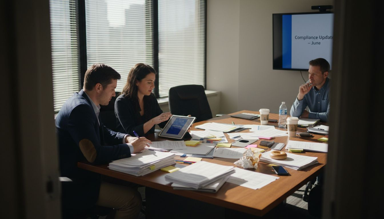 Bank employees collaborating on policy drafting