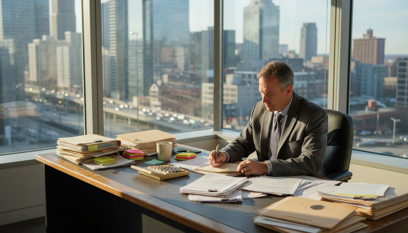 Auditor reviewing documents in corner office