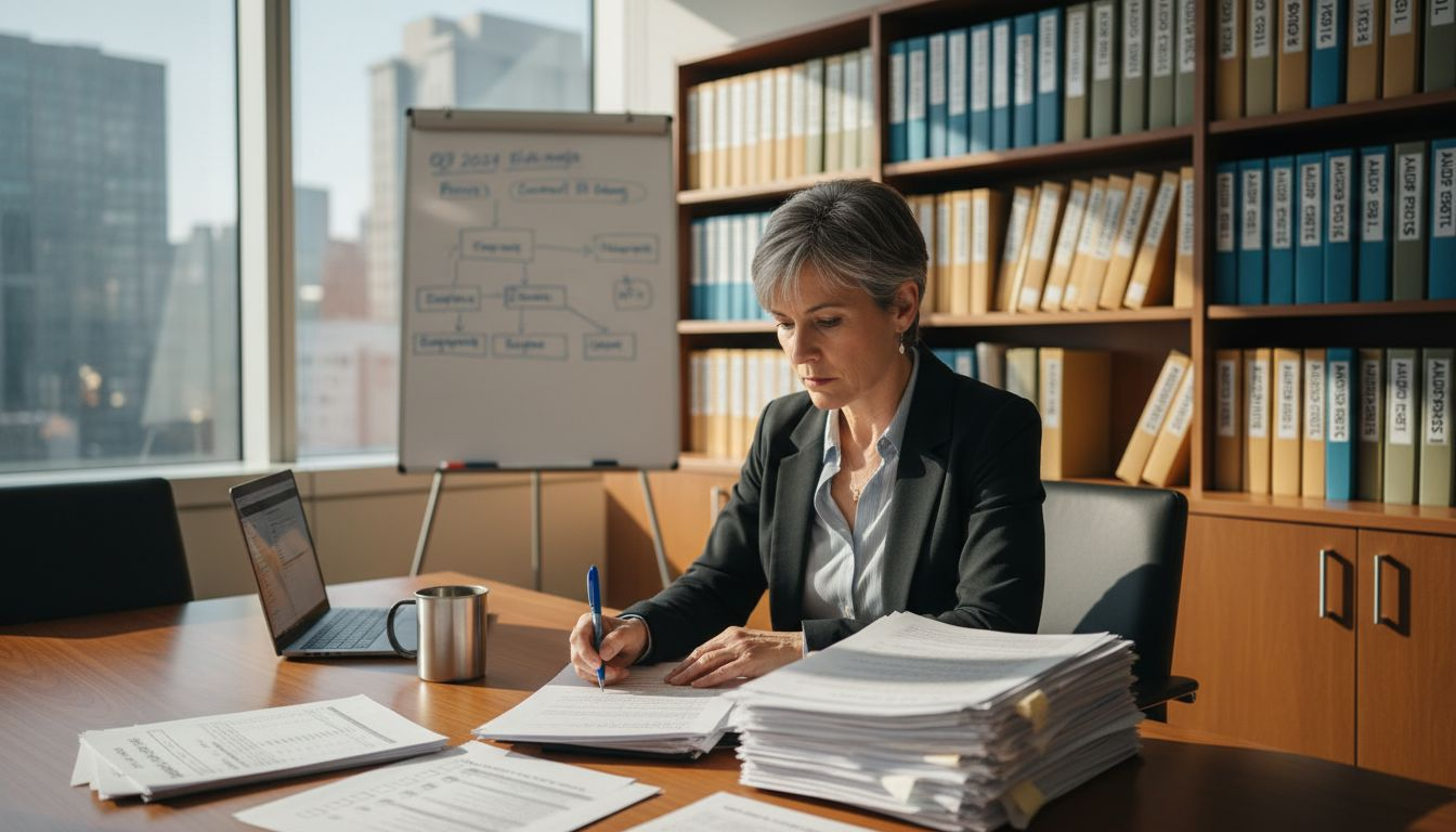 Auditor reviewing compliance paperwork in office