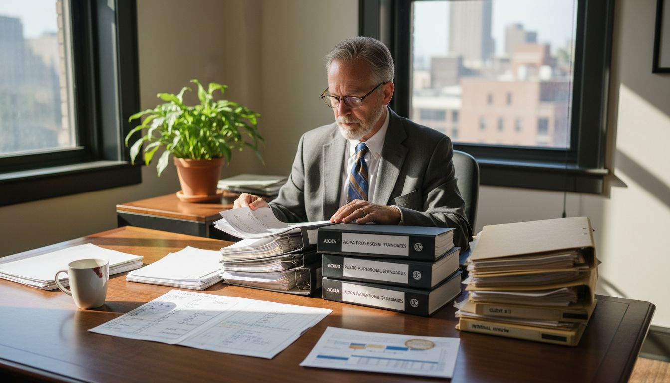 Senior auditor reviewing auditing standards at cluttered desk