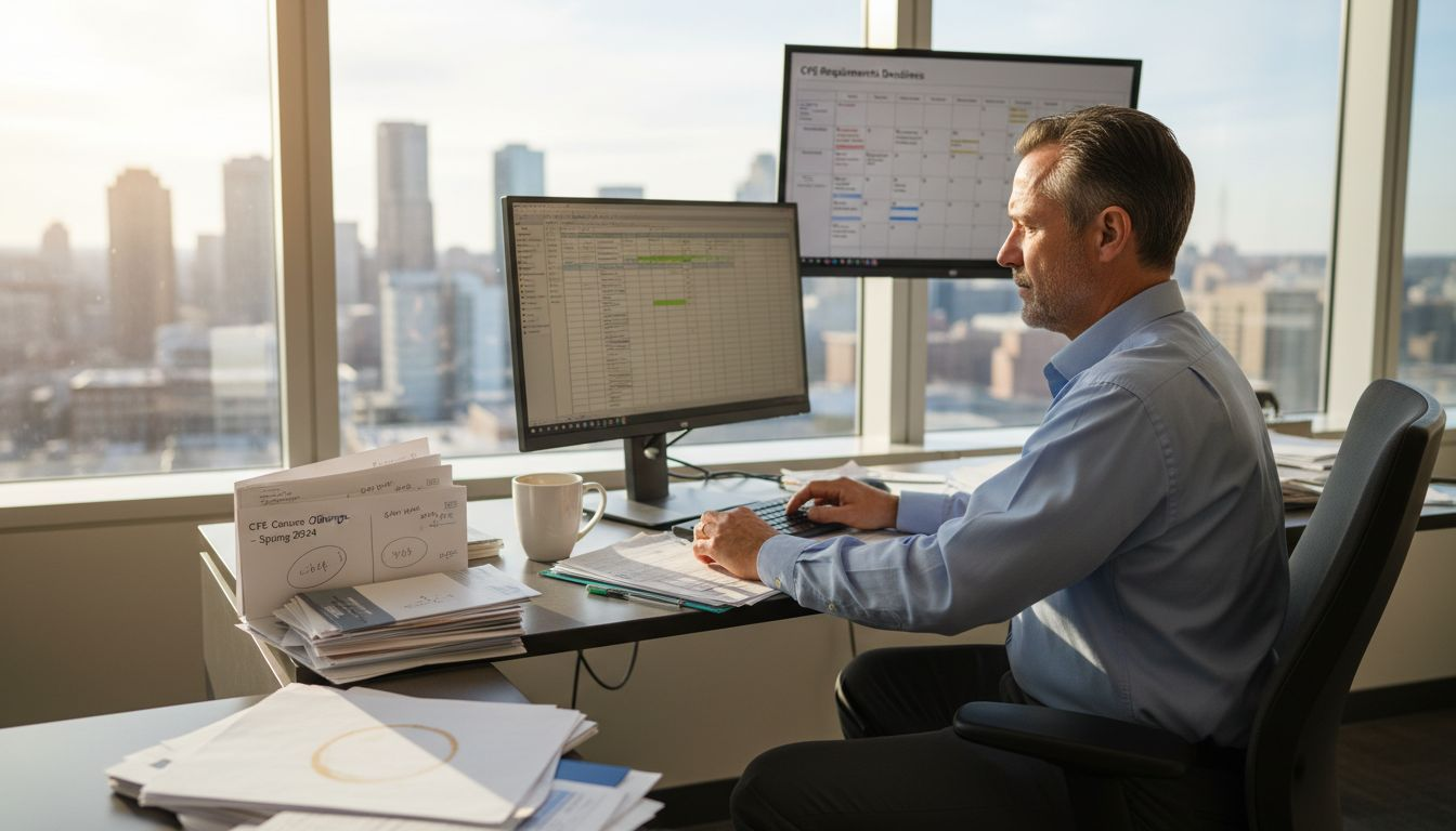 Audit professional in corner office reviewing CPE requirements