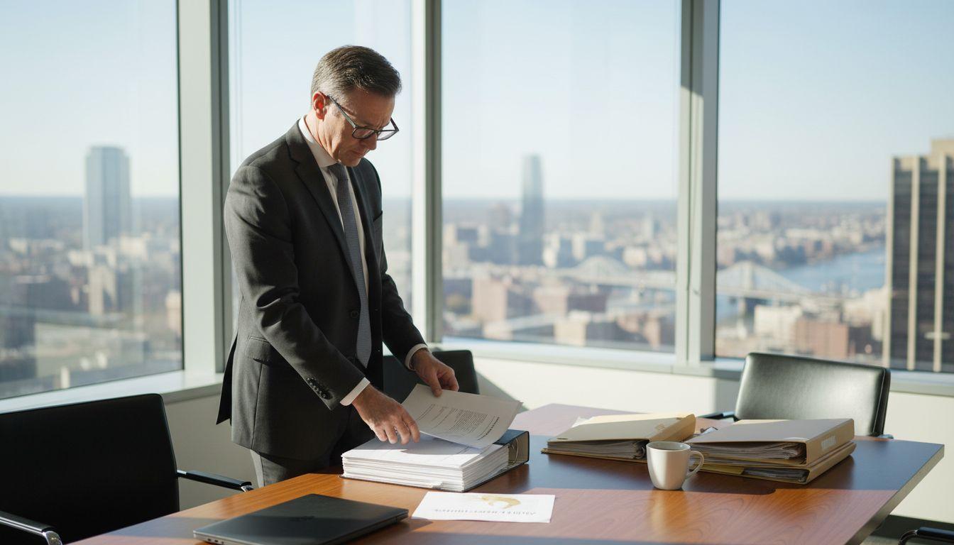 Executive reviewing compliance audit documents in office