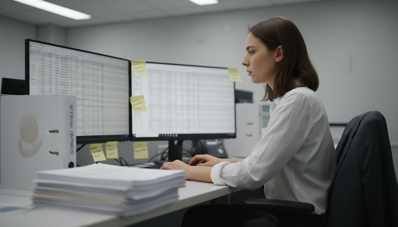 Compliance officer analyzing data at desk