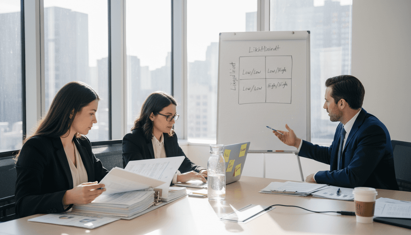 Audit team discussing objectives in office