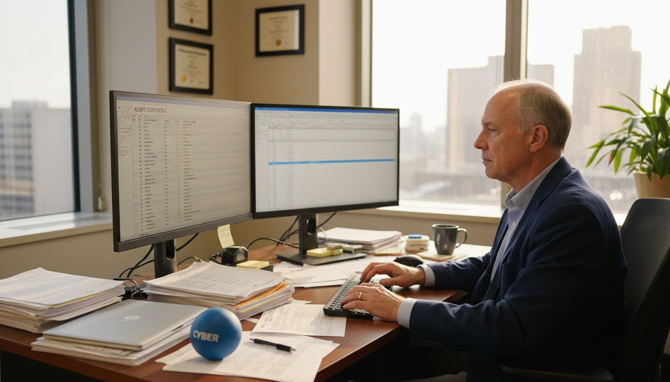 Auditor reviewing cybersecurity checklist at desk