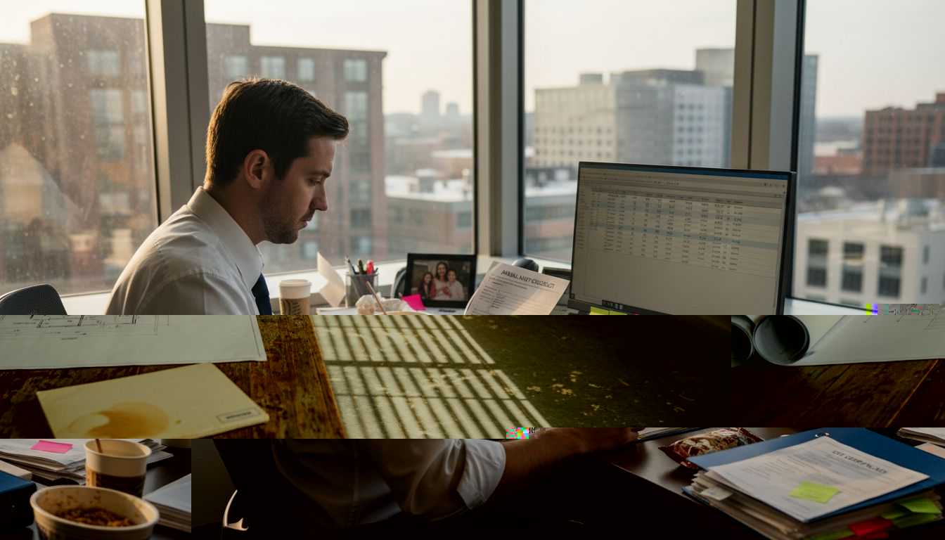 CPA reviewing compliance documents in busy office