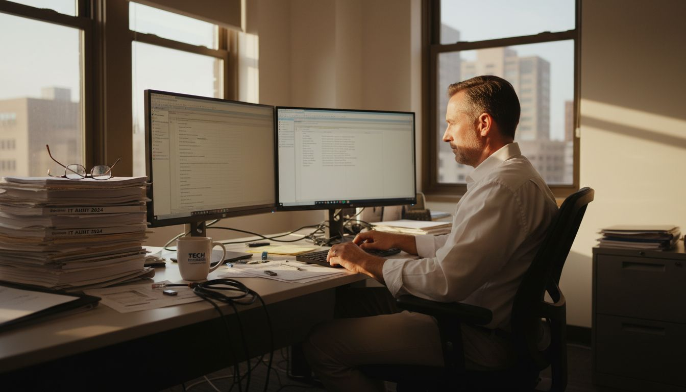 IT auditor working in corner office