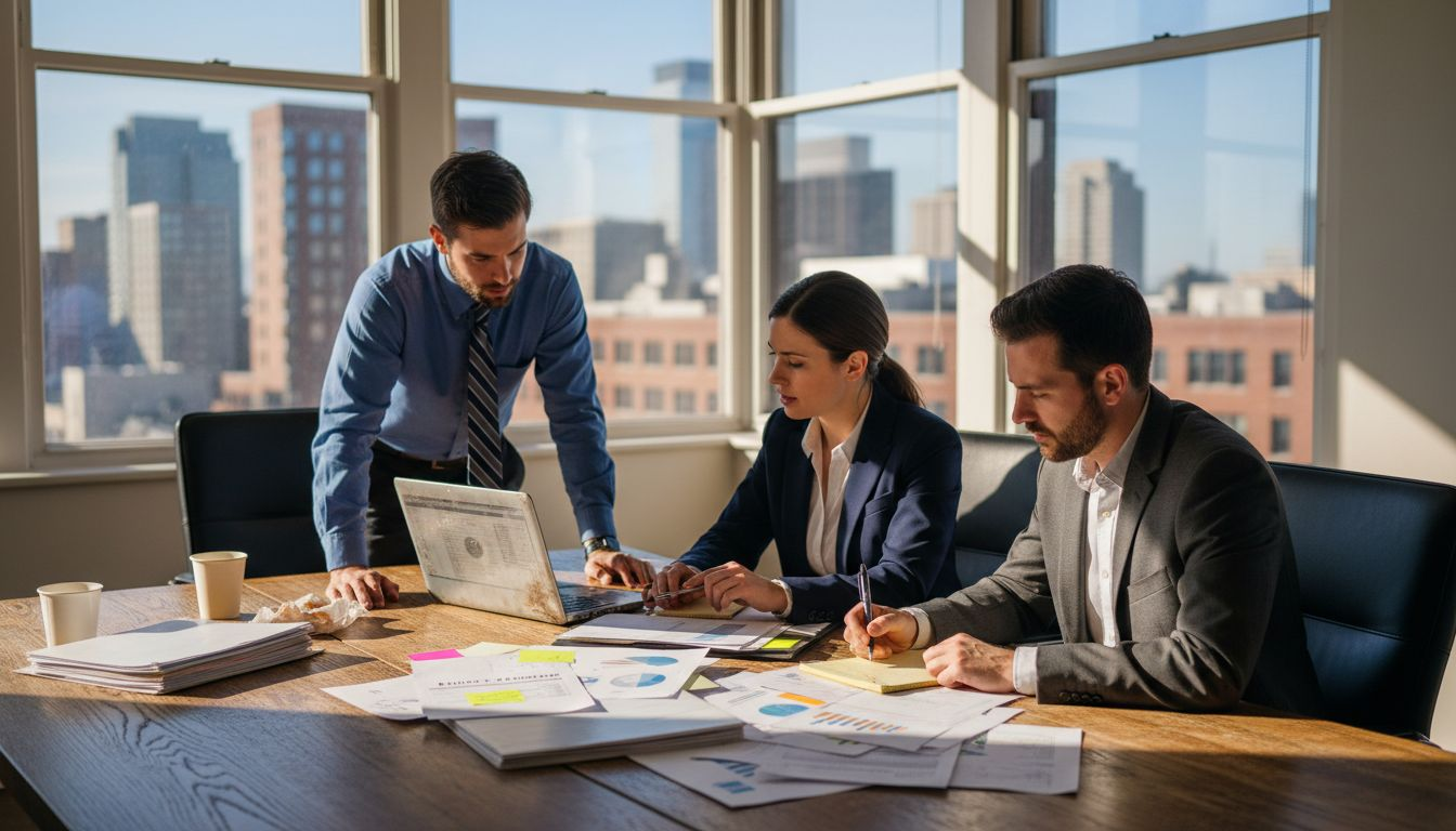 Auditors reviewing company reports in boardroom